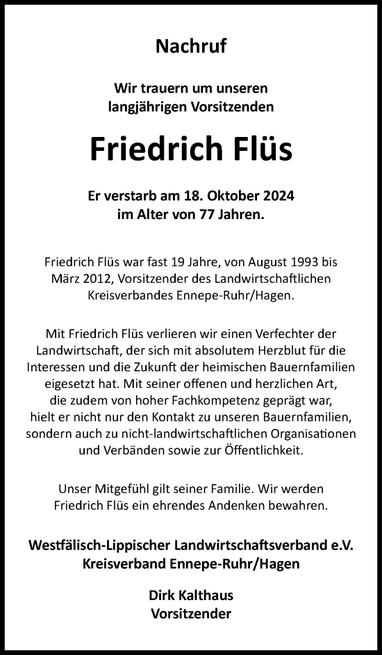 Traueranzeige von Friedrich Flüs von Tageszeitung