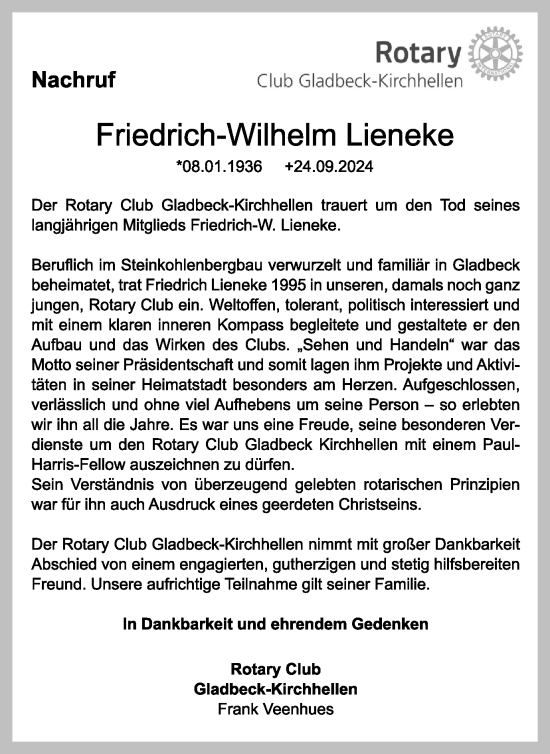 Traueranzeige von Friedrich-Wilhelm Lieneke von Tageszeitung