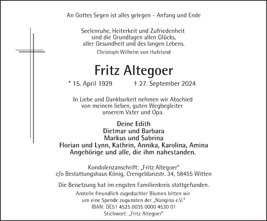 Traueranzeige von Fritz Altegoer von Tageszeitung