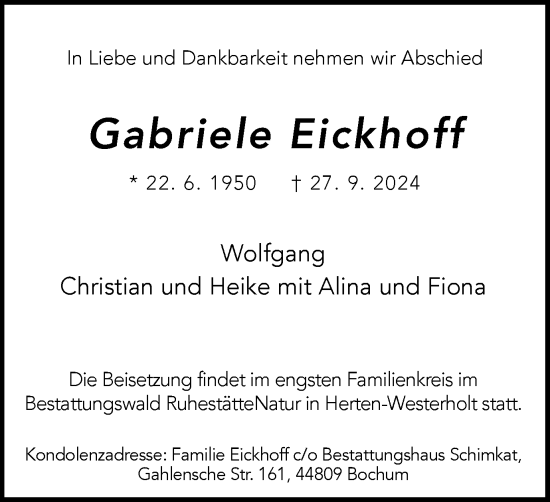 Traueranzeige von Gabriele Eickhoff von Tageszeitung