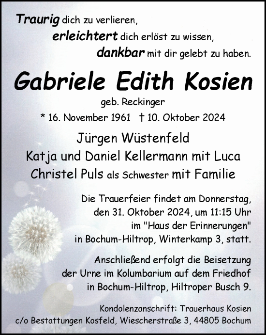Traueranzeige von Gabriele Edith Kosien von Tageszeitung