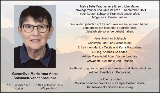 Traueranzeige von Genevieve Marie Irma Anna Solsbach-Vandenbroucke von Tageszeitung