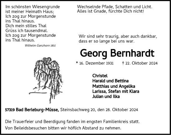 Traueranzeige von Georg Bernhardt von Tageszeitung