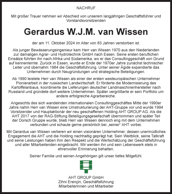 Traueranzeige von Gerardus van Wissen von Tageszeitung