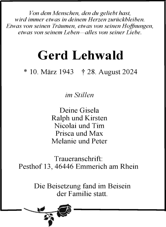 Traueranzeige von Gerd Lehwald von Tageszeitung