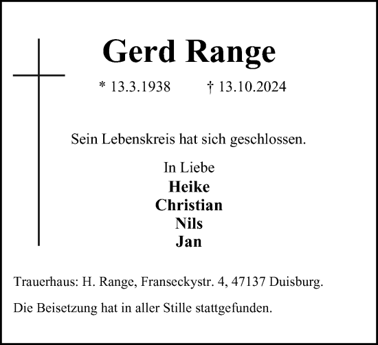 Traueranzeige von Gerd Range von Tageszeitung