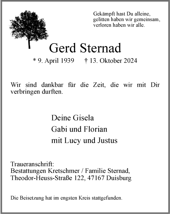 Traueranzeige von Gerd Sternad von Tageszeitung