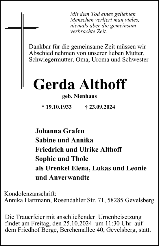 Traueranzeige von Gerda Althoff von Tageszeitung