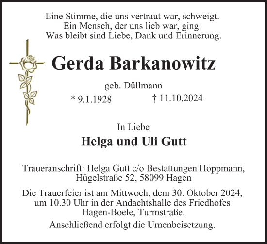 Traueranzeige von Gerda Barkanowitz von Tageszeitung