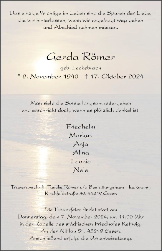 Traueranzeige von Gerda Römer von Tageszeitung