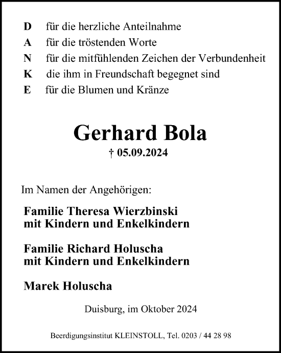Traueranzeige von Gerhard Bola von Tageszeitung