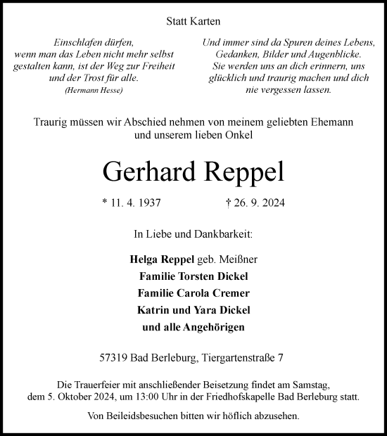 Traueranzeige von Gerhard Reppel von Tageszeitung