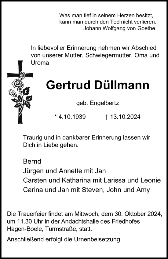 Traueranzeige von Gertrud Düllmann von Tageszeitung