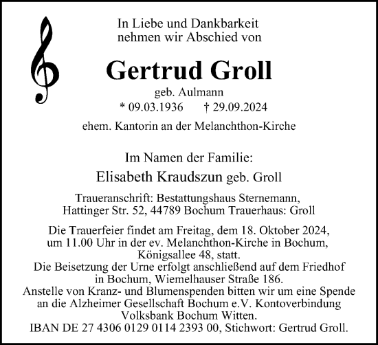 Traueranzeige von Gertrud Groll von Tageszeitung