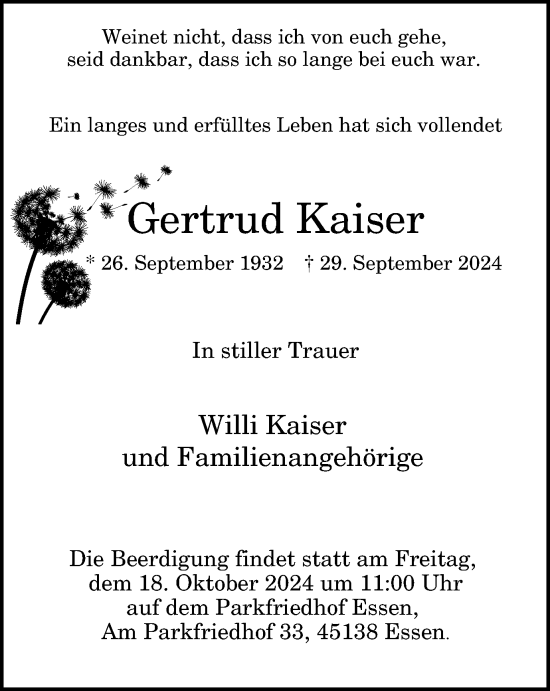 Traueranzeige von Gertrud Kaiser von Tageszeitung