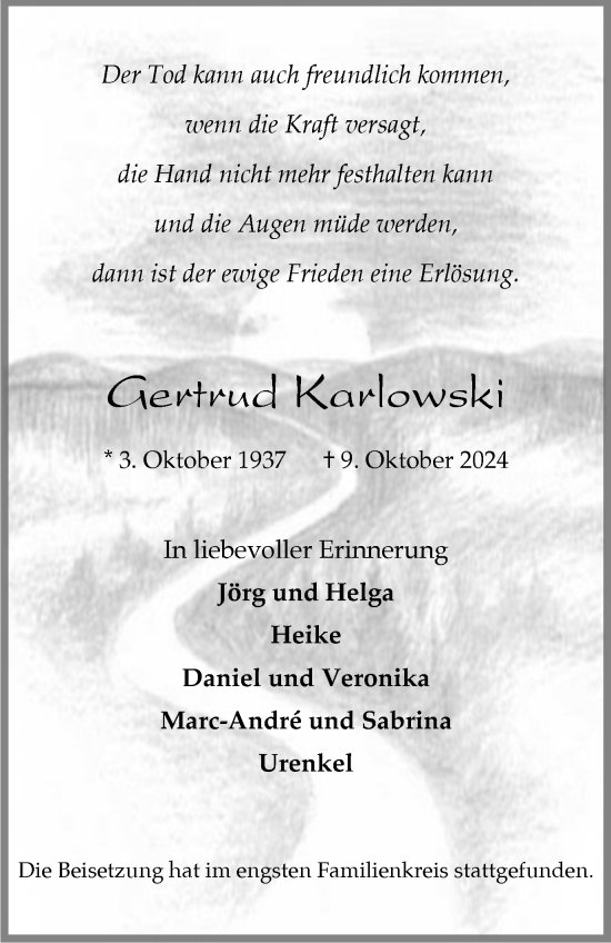 Traueranzeige von Gertrud Karlowski von Tageszeitung