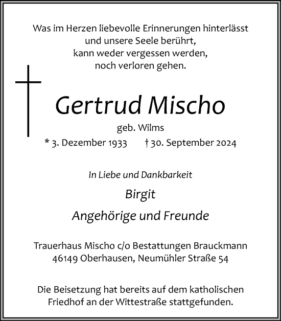 Traueranzeige von Gertrud Mischo von Tageszeitung