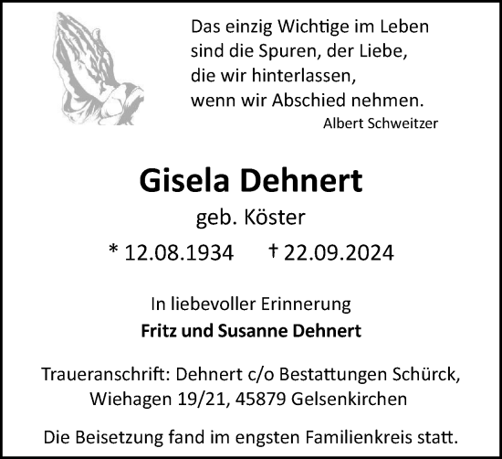 Traueranzeige von Gisela Dehnert von Tageszeitung