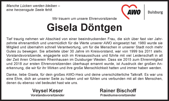 Traueranzeige von Gisela Döntgen von Tageszeitung