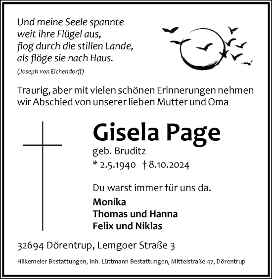 Traueranzeige von Gisela Page von Tageszeitung