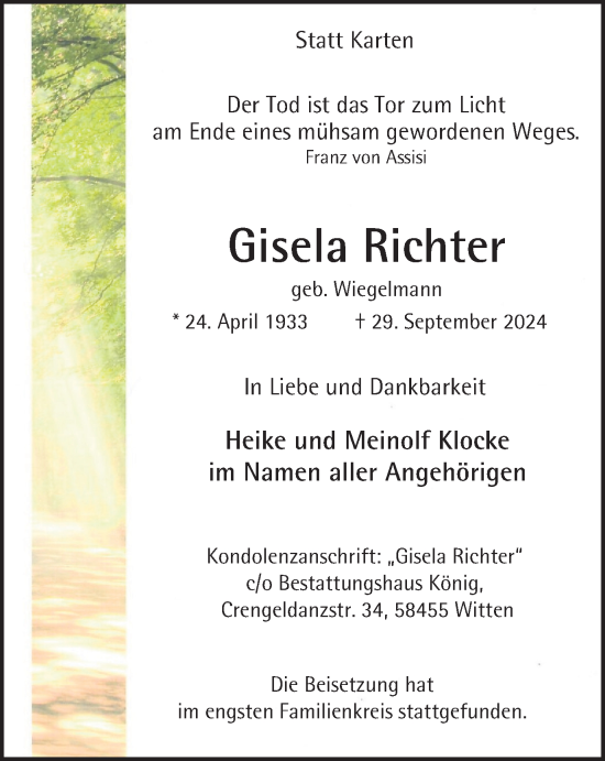 Traueranzeige von Gisela Richter von Tageszeitung