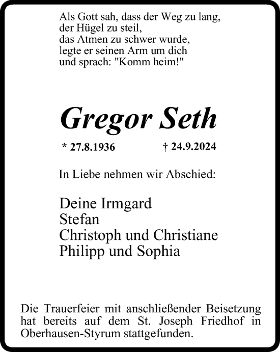 Traueranzeige von Gregor Seth von Tageszeitung