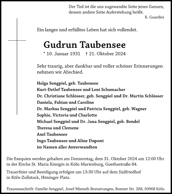 Traueranzeige von Gudrun Taubensee von Tageszeitung