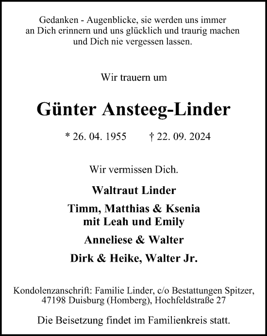 Traueranzeige von Günter Ansteeg-Linder von Tageszeitung
