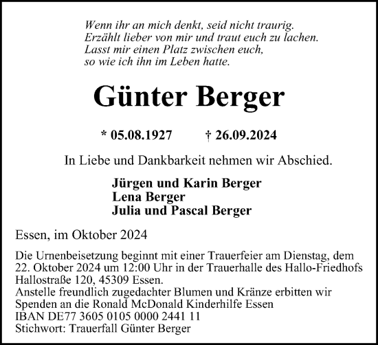 Traueranzeige von Günter Berger von Tageszeitung