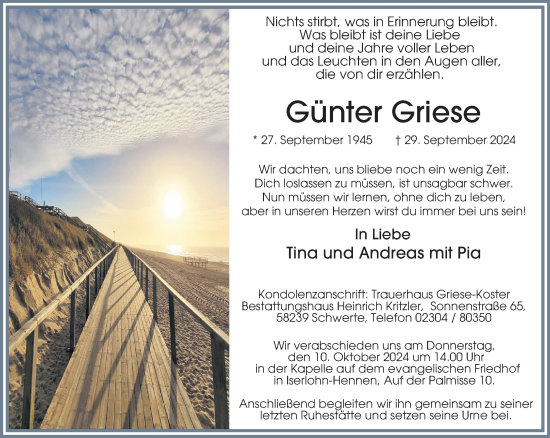 Traueranzeige von Günter Griese von Tageszeitung