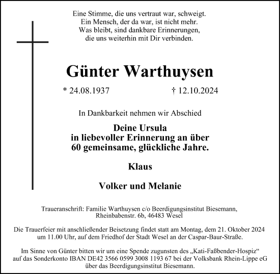 Traueranzeige von Günter Warthuysen von Tageszeitung