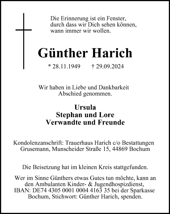 Traueranzeige von Günther Harich von Tageszeitung