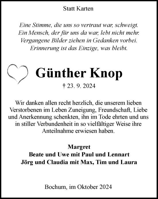 Traueranzeige von Günther Knop von Tageszeitung