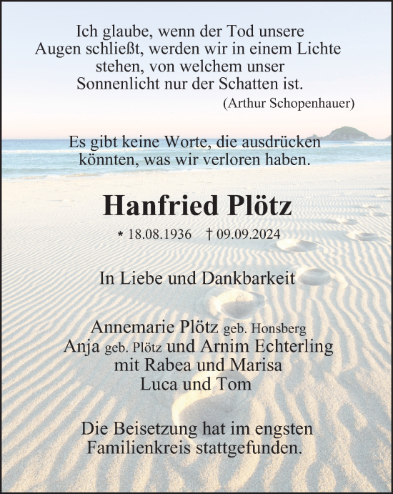 Traueranzeige von Hanfried Plötz von Tageszeitung
