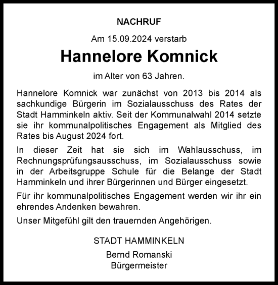 Traueranzeige von Hannelore Komnick von Tageszeitung