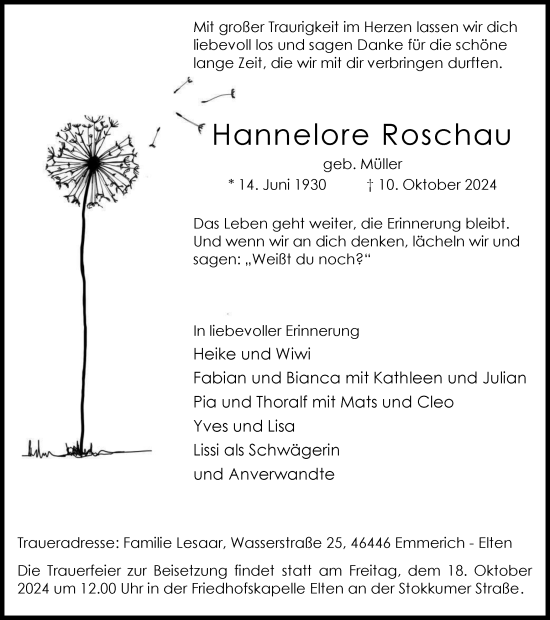 Traueranzeige von Hannelore Roschau von Tageszeitung
