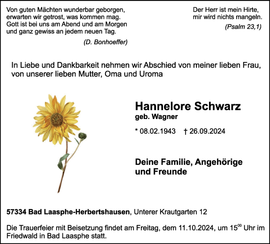 Traueranzeige von Hannelore Schwarz von Tageszeitung