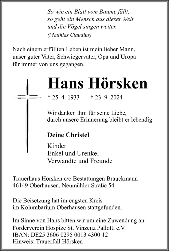 Traueranzeige von Hans Hörsken von Tageszeitung