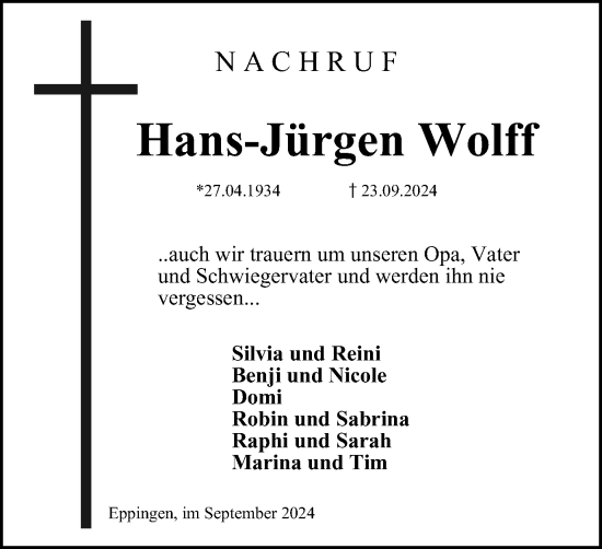 Traueranzeige von Hans-Jürgen Wolff von Tageszeitung