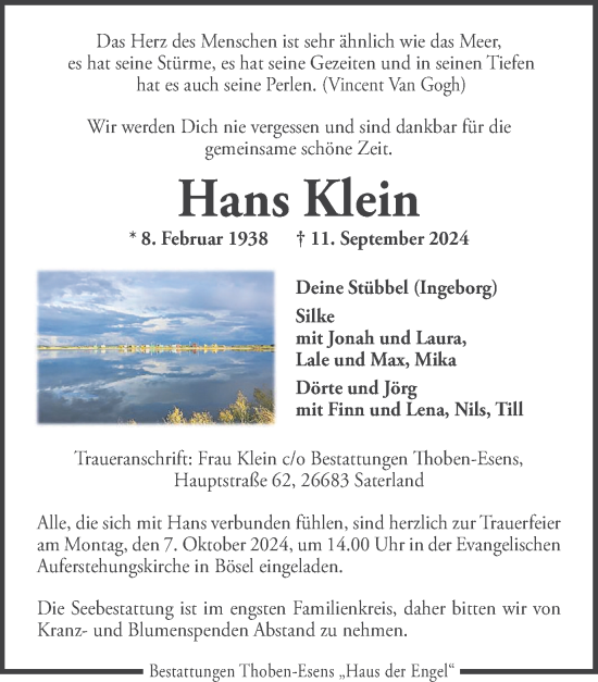 Traueranzeige von Hans Klein von Tageszeitung