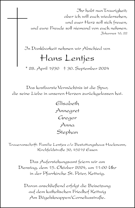 Traueranzeige von Hans Lentjes von Tageszeitung