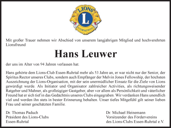 Traueranzeige von Hans Leuwer von Tageszeitung