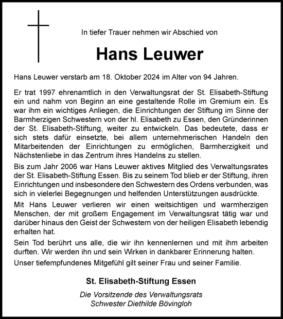 Traueranzeige von Hans Leuwer von Tageszeitung