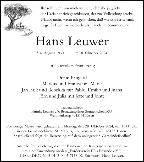 Traueranzeige von Hans Leuwer von Tageszeitung