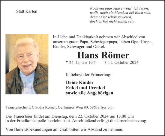 Traueranzeige von Hans Römer von Tageszeitung