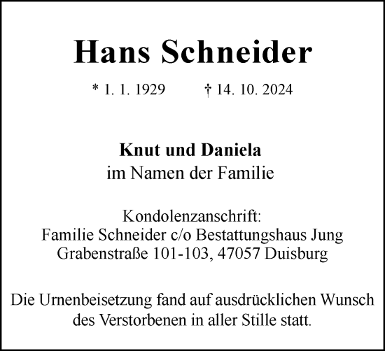 Traueranzeige von Hans Schneider von Tageszeitung