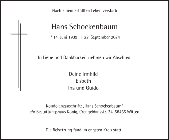 Traueranzeige von Hans Schockenbaum von Tageszeitung