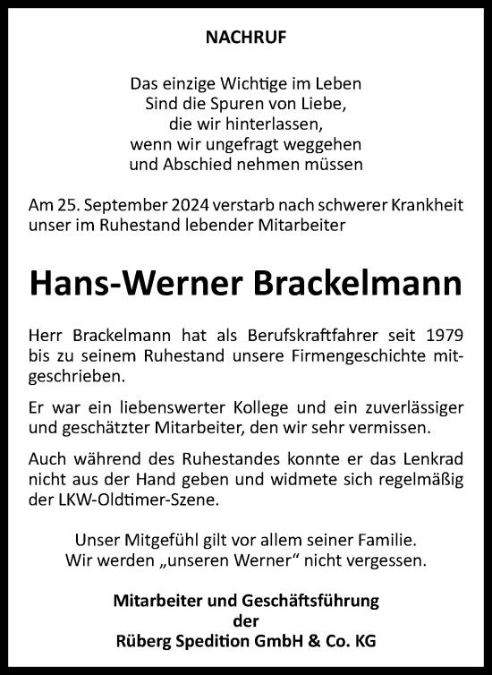 Traueranzeige von Hans-Werner Brackelmann von Tageszeitung