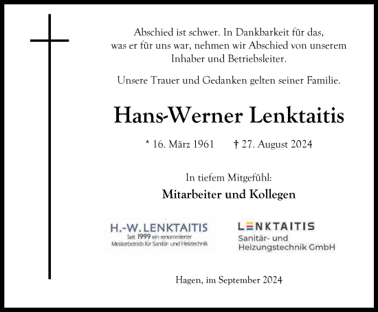 Traueranzeige von Hans-Werner Lenktaitis von Tageszeitung
