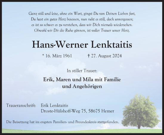 Traueranzeige von Hans-Werner Lenktaitis von Tageszeitung